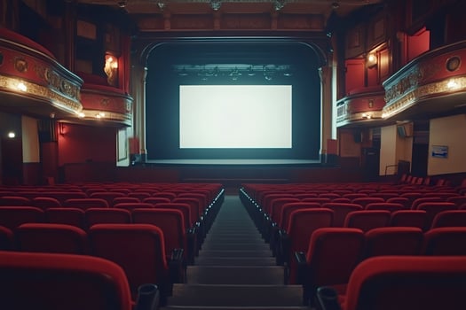 Empty cinema auditorium with red seats and white screen awaiting audience photo