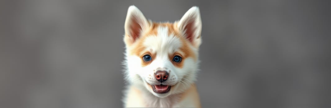 Happy puppy with bright blue eyes and fluffy fur poses playfully against a soft background photo