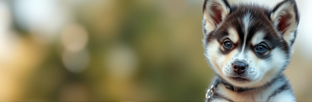 Adorable husky puppy with striking blue eyes gazing curiously in a warm natural setting during the golden hour photo