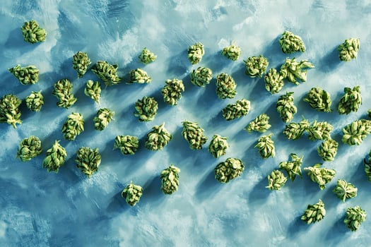 Cannabis bud scattered on textured blue background medical marijuana dispensary photo