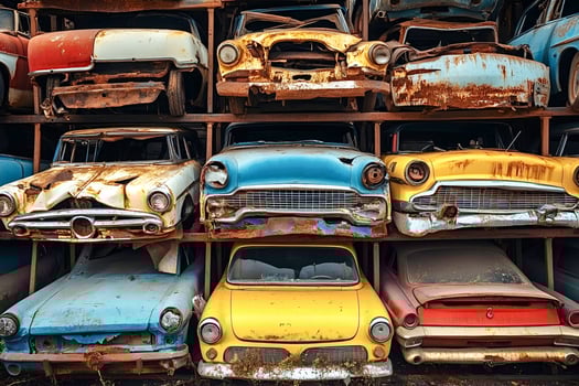 Stacked rusty vintage cars awaiting recycling in junkyard photo