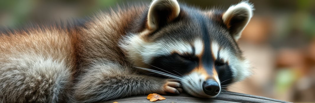 Raccoon resting peacefully on a log in a tranquil forest setting during early autumn photo