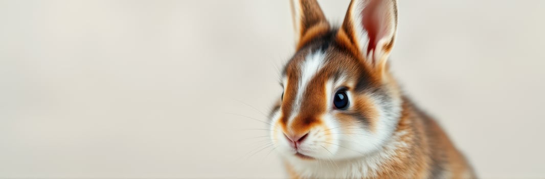 Close up of a rabbit with soft fur and expressive eyes looking curiously towards the camera in a neutral setting photo