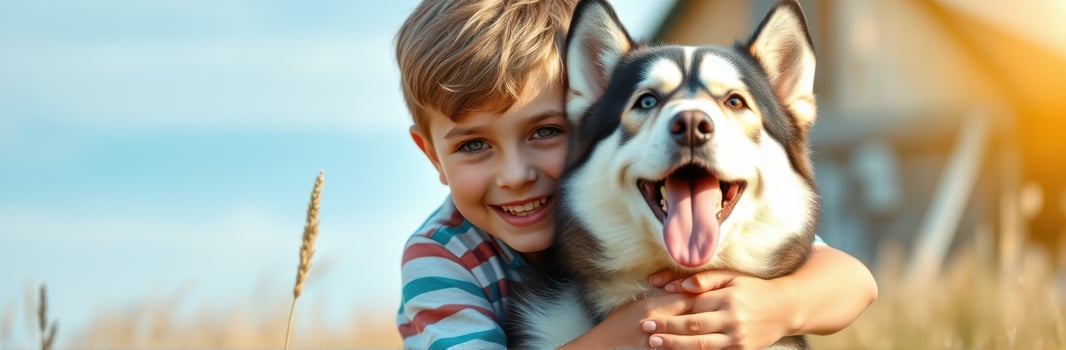 Boy joyful with his friendly husky in a sunny field during late afternoon photo