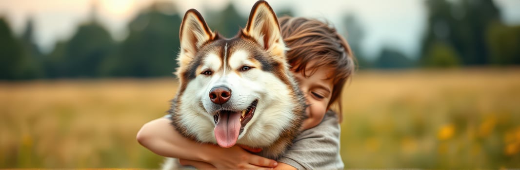 Child enjoying a warm embrace with a husky dog in a sunny field during golden hour photo