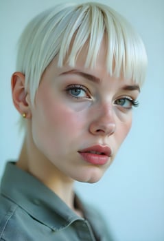 A woman with a short blonde hair and a blue eye photo