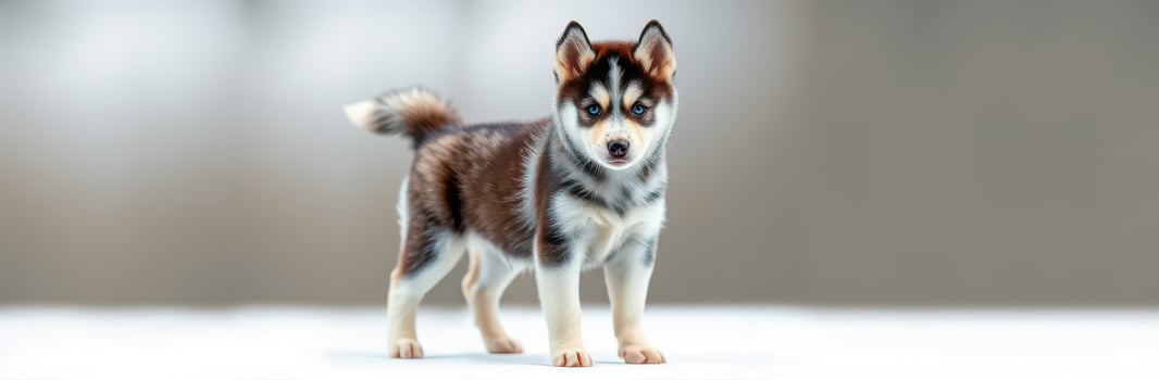 Cute husky puppy stands alert on a simple background, showcasing distinct fur patterns and playful demeanor photo