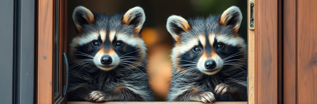Curious raccoons peek through a wooden window during a sunny afternoon in a cozy forest setting photo