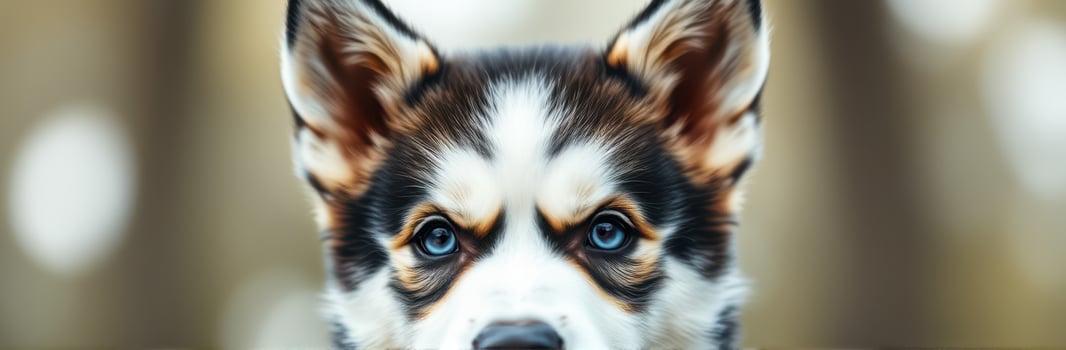 Corgi puppy with striking blue eyes gazing curiously in a serene outdoor setting surrounded by soft foliage photo