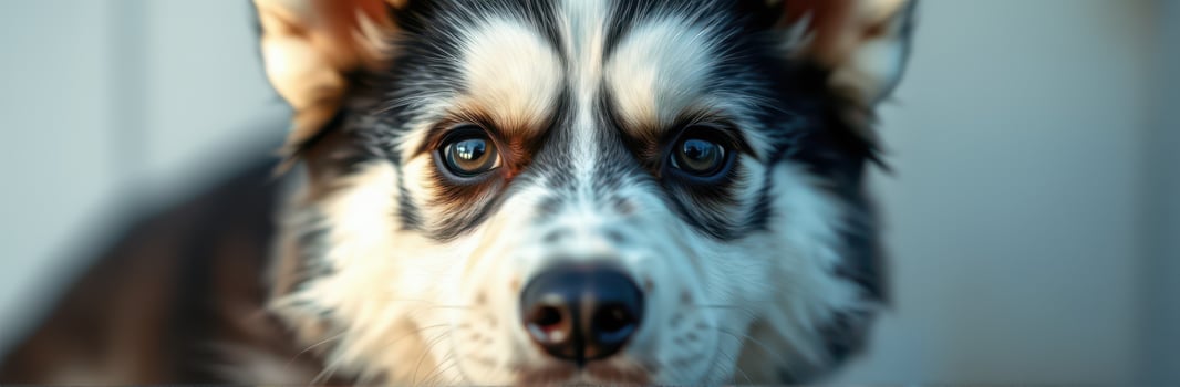 Close-up of an adorable black and white puppy with striking blue eyes looking directly at the camera in soft natural light photo