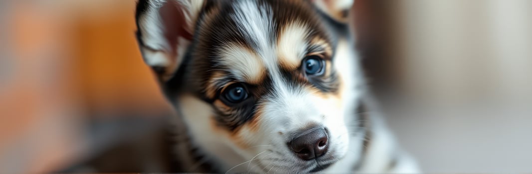 Adorable puppy with striking blue eyes resting indoors in warm, soft lighting during afternoon photo