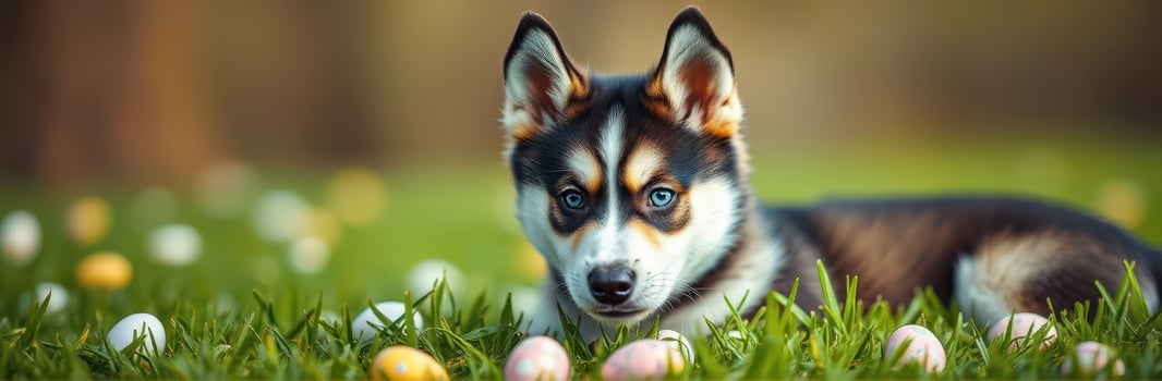 Playful puppy surrounded by colorful eggs in a vibrant green field during springtime photo