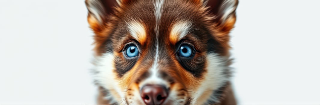 Cute dog with captivating blue eyes staring directly at the camera in a neutral background setting photo