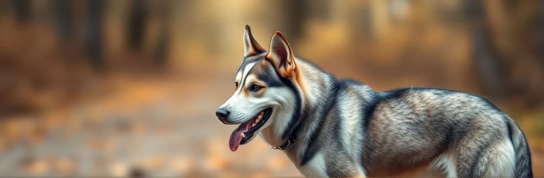 Beautiful husky enjoys a stroll in a serene autumn forest setting at golden hour photo