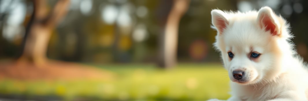 Cute white puppy playing on grass in a park during a sunny afternoon photo