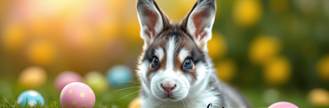Cute bunny sits among colorful Easter eggs in a sunny garden with blooming flowers photo