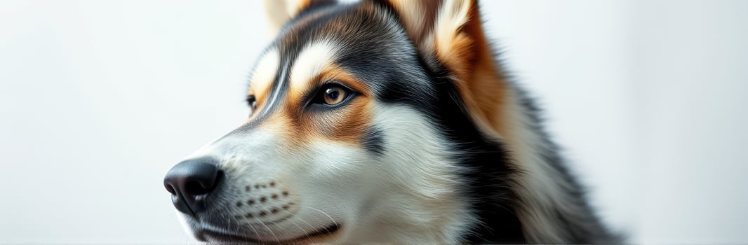 Husky dog with striking features poses against a clean background in natural light photo