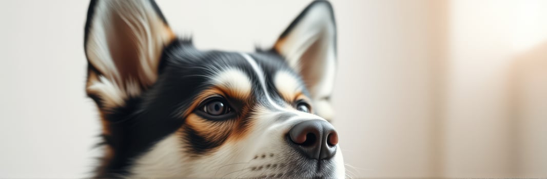 Corgi dog with attentive expression gazing curiously indoors during afternoon light photo