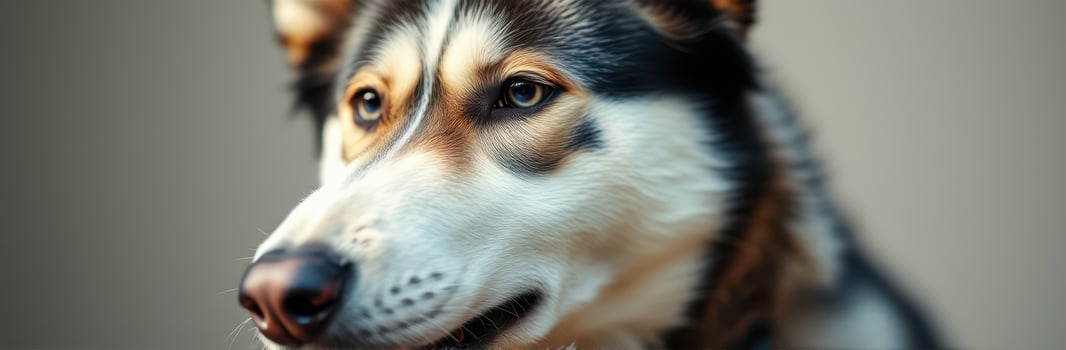 Close-up of a Siberian husky with captivating blue eyes on a neutral background photo