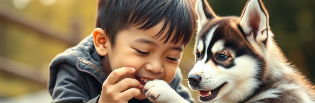 Boy joyfully playing with a husky puppy in a park during a warm afternoon photo