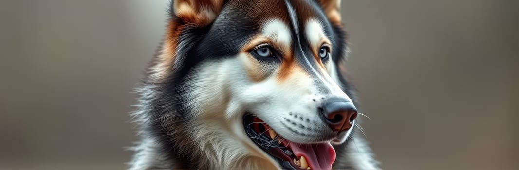 Close-Up Portrait of a Happy Siberian Husky with Blue Eyes in Winter Outdoors photo