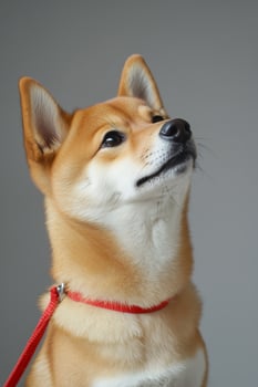 A shiba inu dog wearing a red collar photo