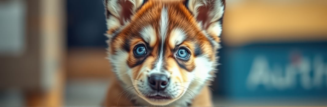 Cute Puppy with Vivid Blue Eyes. Adorable Close-up Portrait of a Furry Friend photo