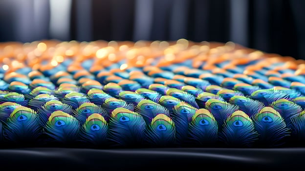 Close-up of vibrant peacock feathers arranged in a stunning display, showcasing their intricate patterns photo
