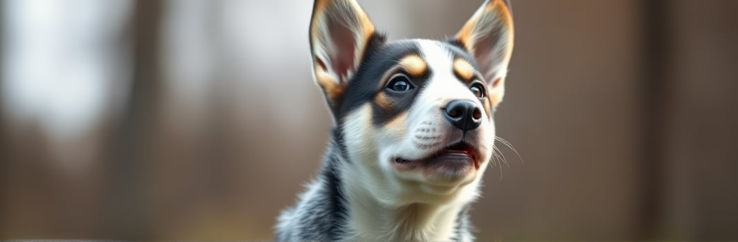 Cute and Adorable Tri-Color Puppy Portrait with Alert Expression in Natural Light - Close-Up Photo of a Happy Dog Against a Blurred Bokeh Background