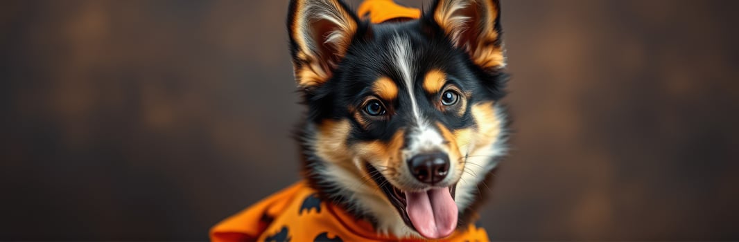 Cute Puppy in Halloween Costume - Adorable Corgi-Like Dog Smiling in Orange Outfit Against Brown Background photo