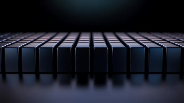 Close-up view of a series of glossy black blocks arranged in a grid pattern on a dark surface photo