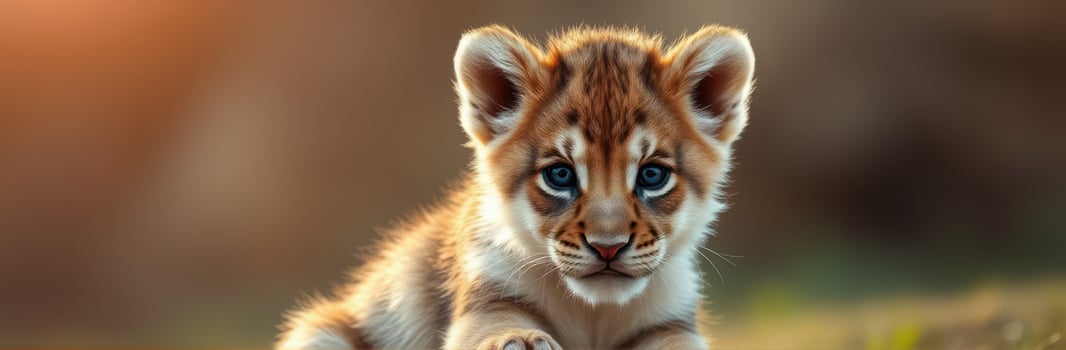 Cute Lion Cub with Blue Eyes. Adorable Portrait of a Young Predator in Wildlife Photography photo