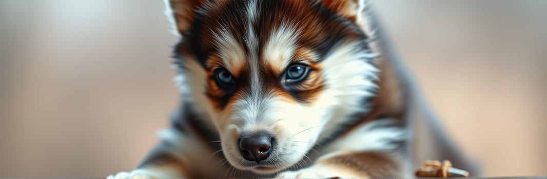 Cute and Adorable Puppy Portrait. Close-Up of a Fluffy Siberian Husky with Blue Eyes photo