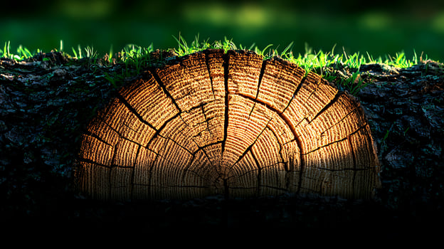 Close-up view of a tree stump with intricate rings and green grass in a serene outdoor setting photo