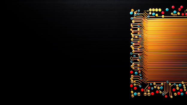 Close-up view of a vibrant circuit board with colorful components on a dark background photo