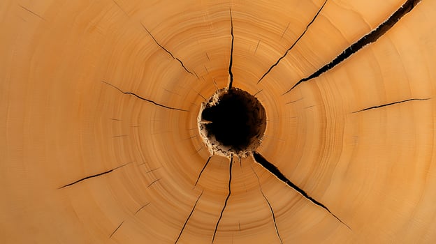 Close-up view of a wooden log's cross-section showcasing intricate cracks and hollow center photo