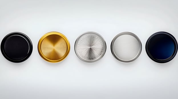 Close-up view of five circular metallic caps in varying finishes arranged on a smooth surface photo