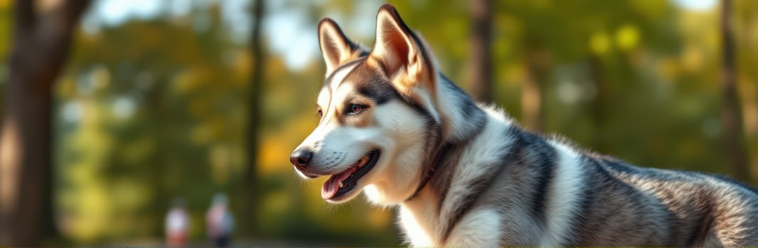 Siberian Husky Portrait in Nature. Happy Furry Friend at Dog Park Surrounded by Trees and Greenery photo