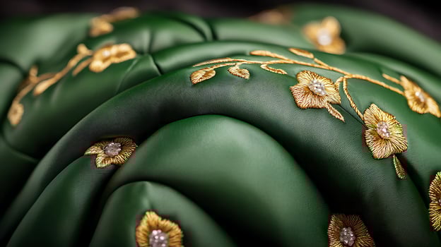 Close-up view of luxurious green fabric with intricate floral embroidery and shimmering details photo