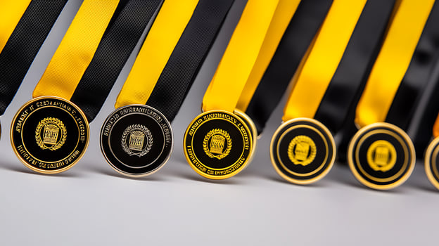 Close-up view of multiple gold medals with black and yellow ribbons arranged neatly on a surface photo