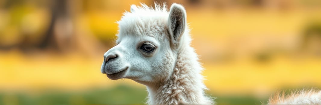 Adorable Baby Alpaca Close-Up Portrait on the Farm in Serene Rural Nature with Cream Fur and Yellow Background photo