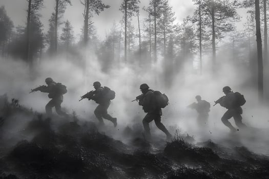 Military Maneuvers in Misty Forest - Camouflage and Strategy photo