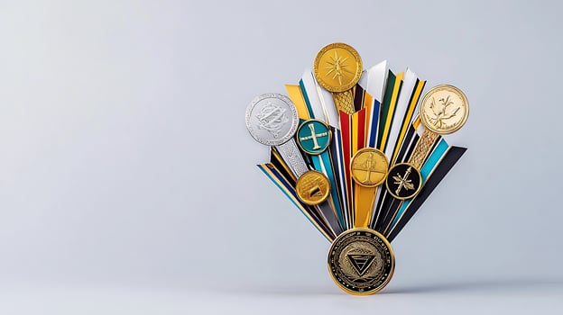 Collection of decorative medals and ribbons arranged artistically on a light background photo