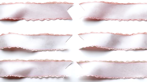 Collection of delicate pink satin ribbons with scalloped edges arranged aesthetically on white photo