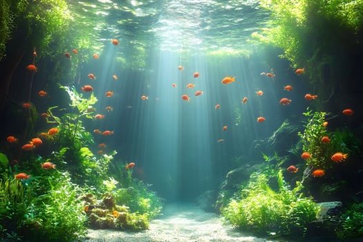 Vibrant Underwater World with Sunlit Rays and Tropical Fish for Nature Design photo