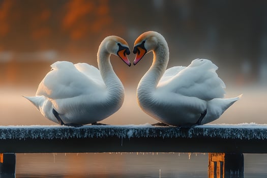 Romantic Swan Pair in Misty Morning Light on Frosty Dock photo