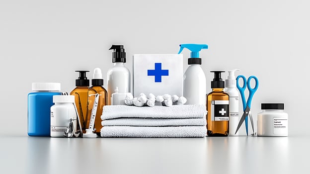 Collection of medical supplies on a clean countertop, featuring bottles, towels, and tools photo