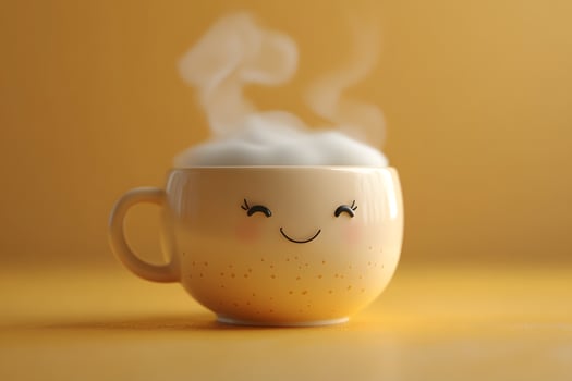 Cute Smiling Cup with Steaming Beverage - Cozy Comfort Design for Prints and Decor photo