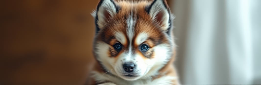 Cute Fluffy Puppy Sitting Indoors with Playful Expression in Warm Lighting - Adorable Pet Canine Companionship Moments photo
