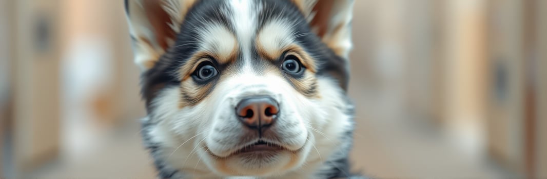 Cute and Adorable Close-Up Portrait of a Fluffy Siberian Husky Puppy with Bright Eyes and Charming Expression in Natural Light photo